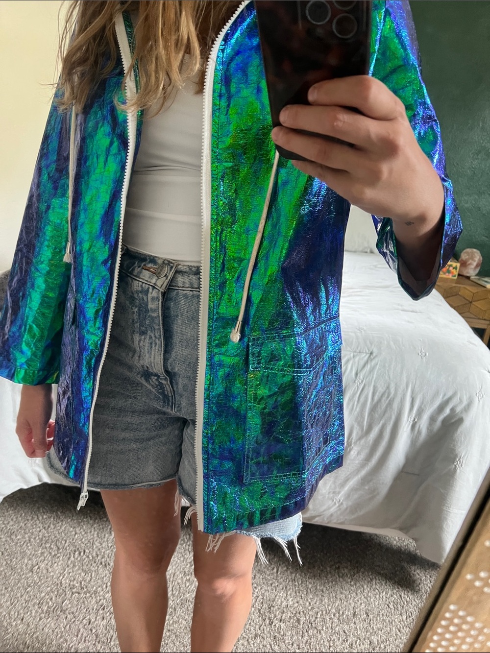 PrettyLittleThing Iridescent Blue-Green Hooded Trench Coat